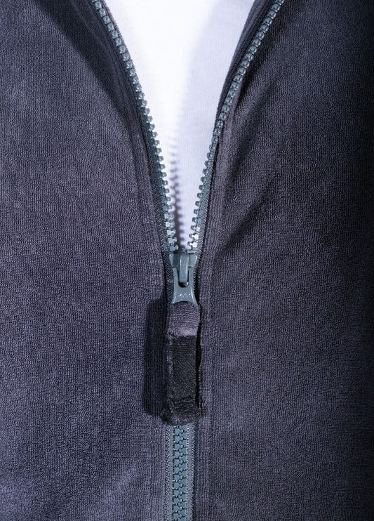 nuffinz towel jacket ebony grey closeup zipper white tshirt